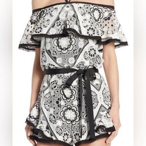 ALEXIS White Guipre Floral Lace Black Ribbon Flutter Off The Shoulder Romper M
